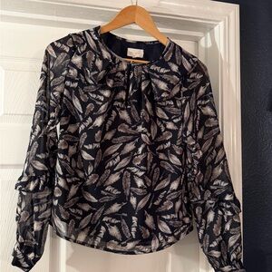 MELLODAY Feather Print Sheer Blouse - Black and White